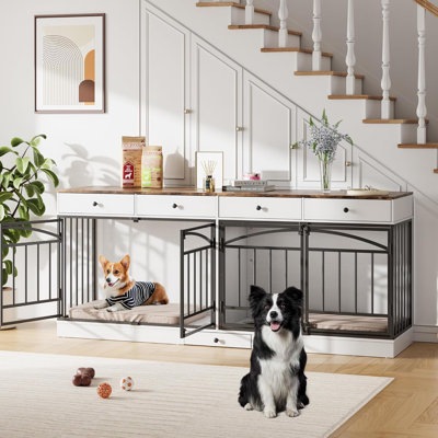 Multi-Functional Double Dog Crate Furniture – Fits 2 Small/Medium Dogs, 4 Storage Drawers, Feeding Bowls, Indoor Kennel & TV Stand, Home Cage, Brown & White