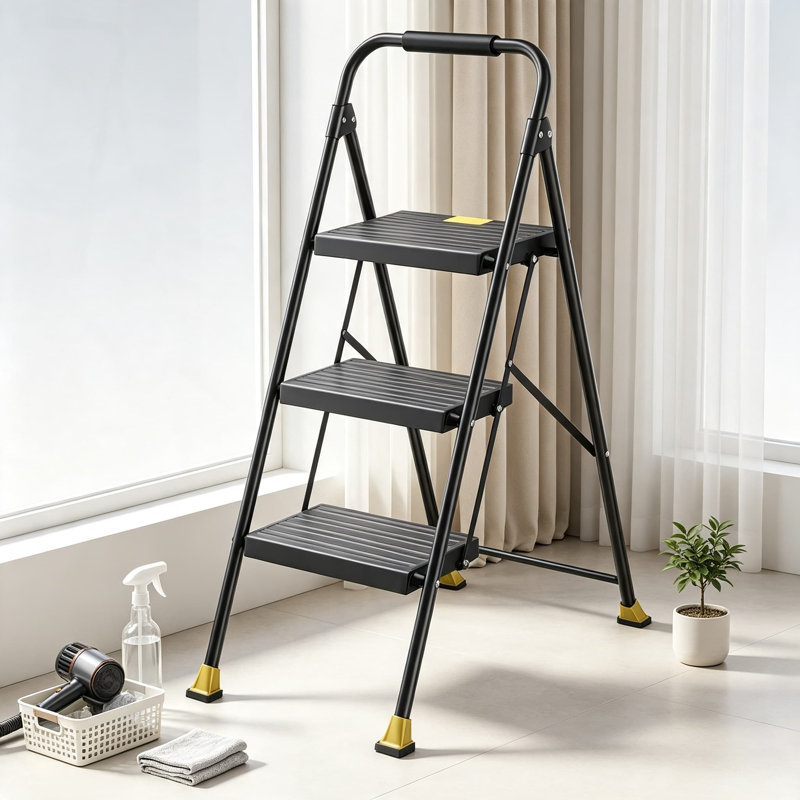Escabeau pliable avec rampes pour adultes à domicile, structure en acier robuste, marches antidérapantes, conception peu encombrante pour la cuisine intérieure et l'accès aux placards