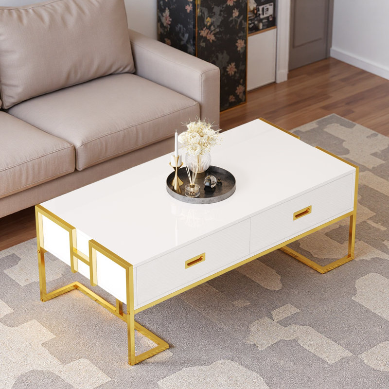 Table basse moderne moderne avec 4 tiroirs et base dorée, Blanc