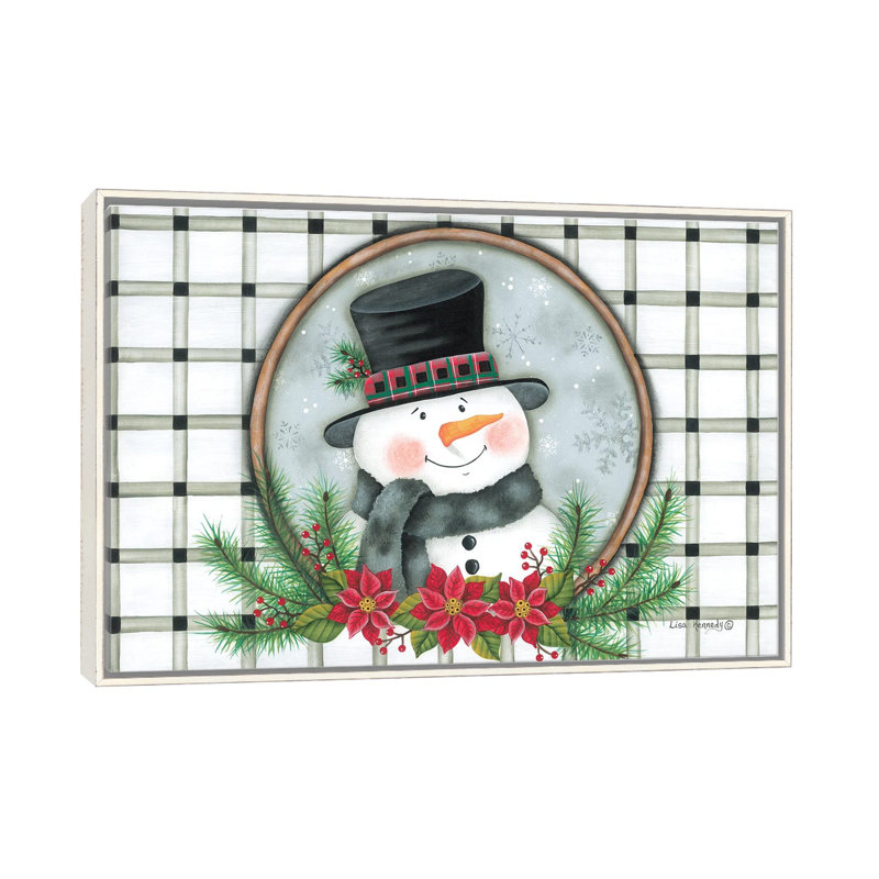 «Poinsettia Snowman Portrait», reproduction d'art sur toile encadrée, H 40 po x l 60 po, Blanc patiné