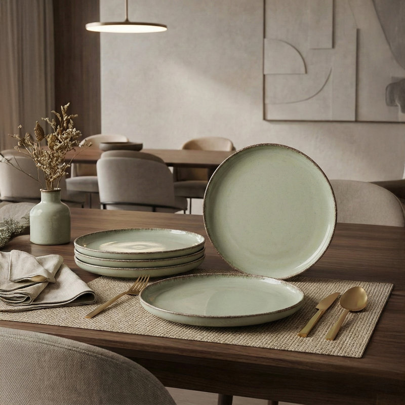 Elegant Cake Serving Set (6 Pieces), Green Porcelain, 8.3 x 8.3 x 0.8 inches | 100% Microwave & Dishwasher Safe | for Birthdays, Weddings, and Special Occasions, Durable & Stylish Design