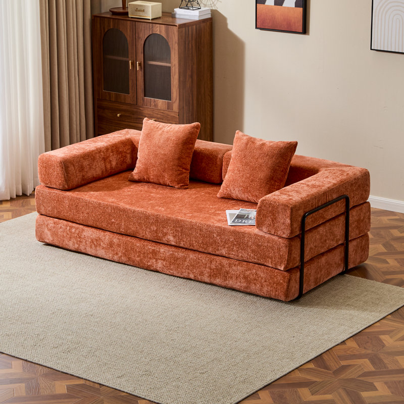 Boneless 76.77" Convertible Floor Compression Sofa Bed, 3-Seat Chenille Futon Couch with Pillow Back Support & Armrest, Foam Frameless Sleeper Sofa for Living Room Bedroom