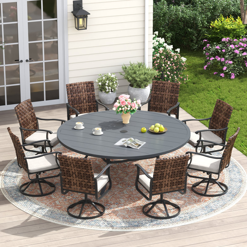 8-Person Round Outdoor Dining Set with 60" Dining Table and 8 Swivel PE Rattan Chairs & Cushions, Gray