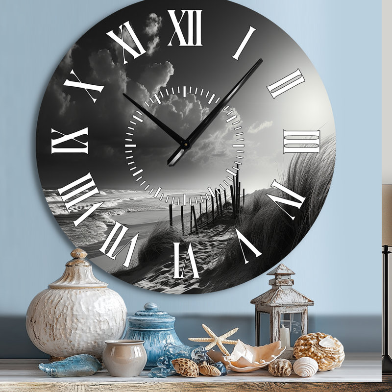 Noir et blanc plage paysage II - horloge murale bord de mer plage blanche, Grand