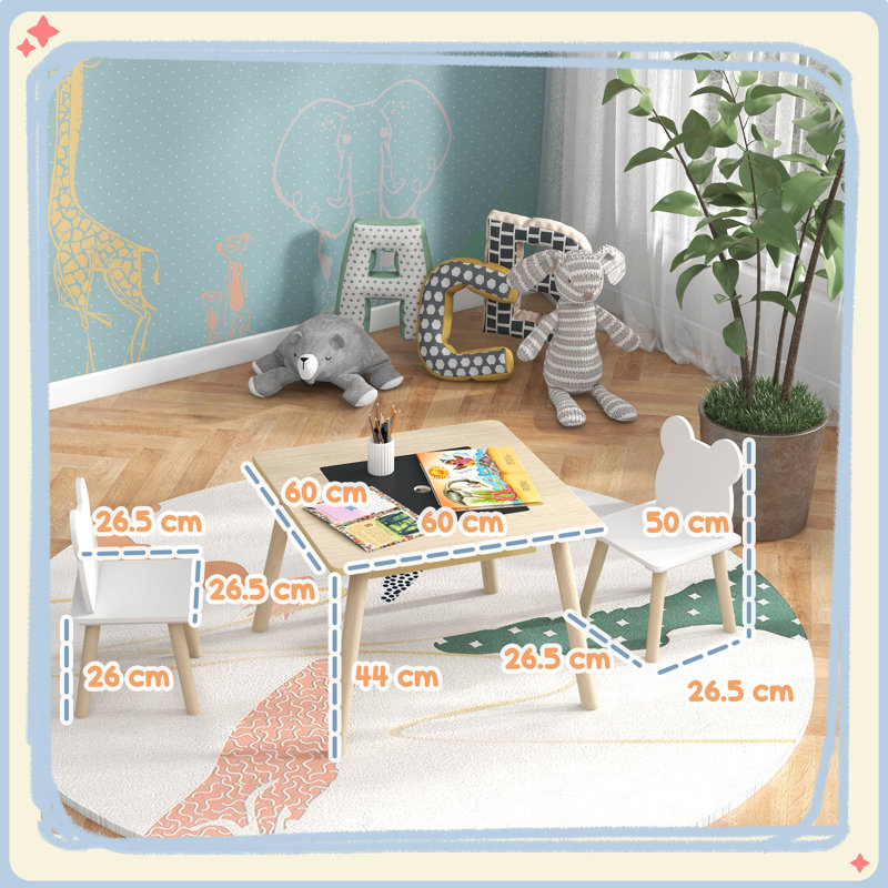 AIYAPLAY 3-Piece Kids Table and Chairs Set, Convertible Desk, Natural Wood