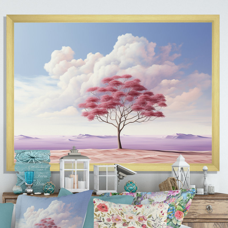 Arbre de minimalisme rose solitude II, H 16 po x l 32 po x P 1 po, Encadrement doré
