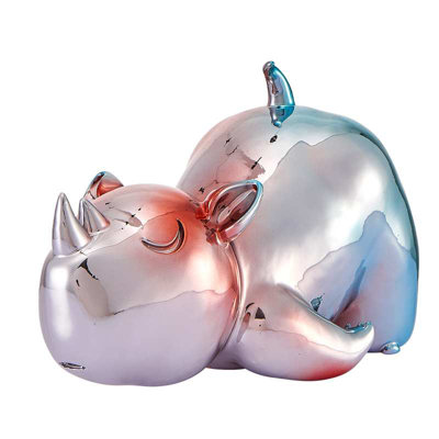 Red and Blue Chrome Rhino Resin Sculpture