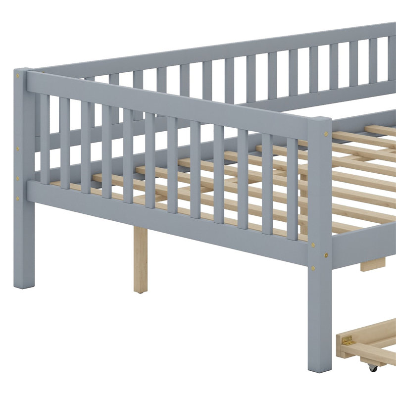 Wood Daybed With Trundle And Fence Guardrails, Gray