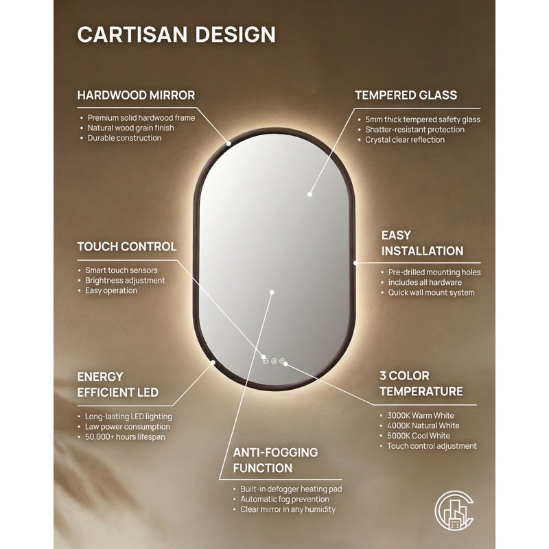 Natural Oak Veener Solid wood Dimmable Anti-fog Led Mirror, 39.37" x 23.62", Walnut, Oval