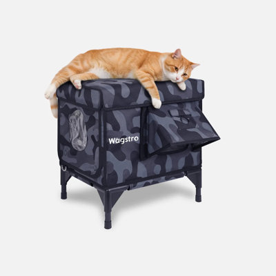  Elevated Heated Outdoor Cat Shelter With Rainproof Canopy And One-Way Escape Door-Black-Small