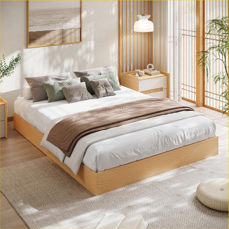 Structure de lit plateforme en bois, lit en bois avec support en lattes de bois et aucun sommier nécessaire, cadre de lit minimaliste facile à assembler sans tête de lit