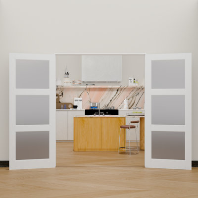 3 Lite Frosted Glass Interior Double Door – MDF White Door Slabs with Prehung-Style Frame & Hardware Kit
