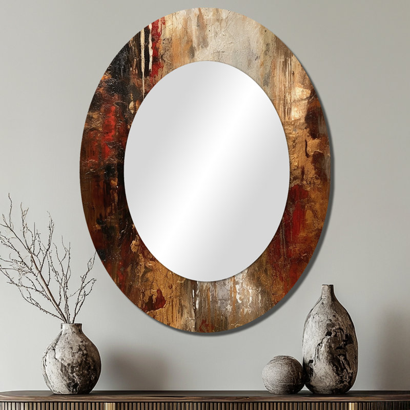 Ancient Italian Revelations In Gold And Red - Abstract Oval Decorative Mirror On Metal, 40" x 30"