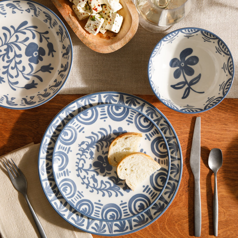 Bloomhouse - 2-Time Oprah’s Favorite Things - Service de table 16 pièces Valencia Flor, assiettes et bols en grès décoratifs artisanaux, service pour 4, bleu iris