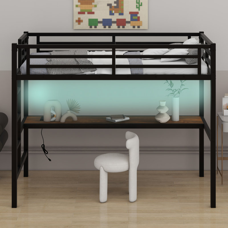 Metal Loft Bed With Power Outlet And LED Lighted, Space-Saving