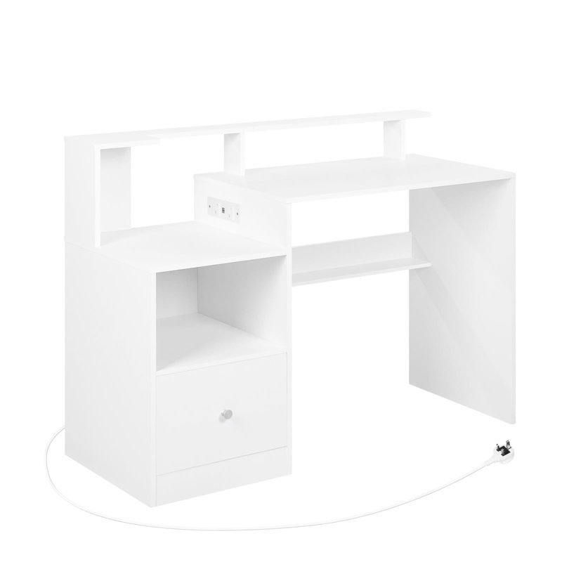 120cm Computer Desk With Drawers And Power Outlet,white Office Desk With Monitor Stand&cable Management, Gaming Desk Pc Table With Storage, Small Study Table For Home Office/bedroom