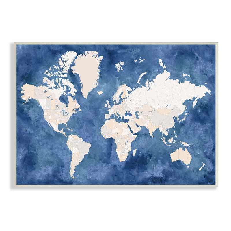 «Country Border World Map Deep Blue Ocean», impression, Plaque murale, H 10 po x l 15 po x P 0,5 po
