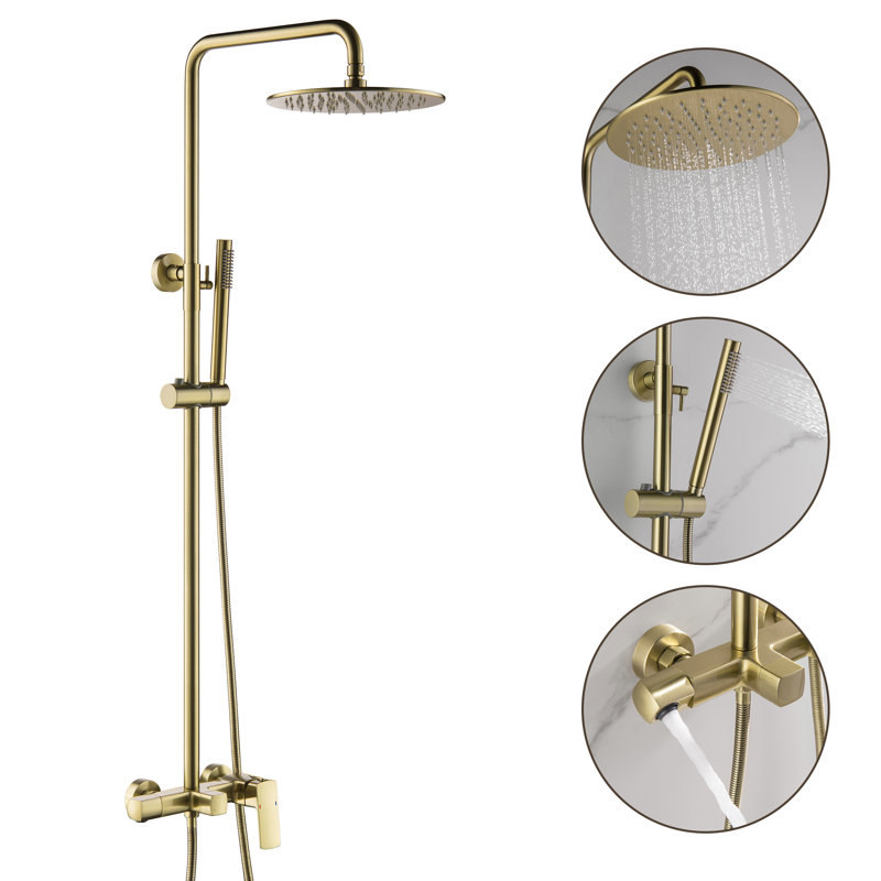10" Wall Mounted Exposed Shower System With Tub Spout And Height Adjustable Handheld Shower, Brushed Gold