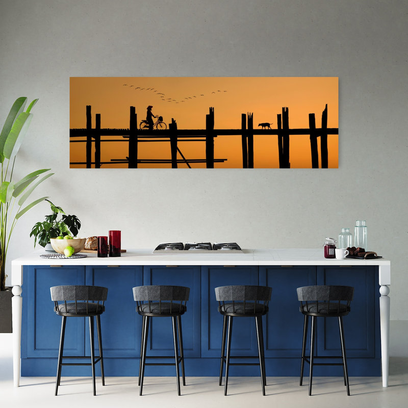 «Golden Hour Bridge Ride Peaceful Serene Tranquil Bird Dog Nature Sunrise», art mural, H 20 po x l 60 po
