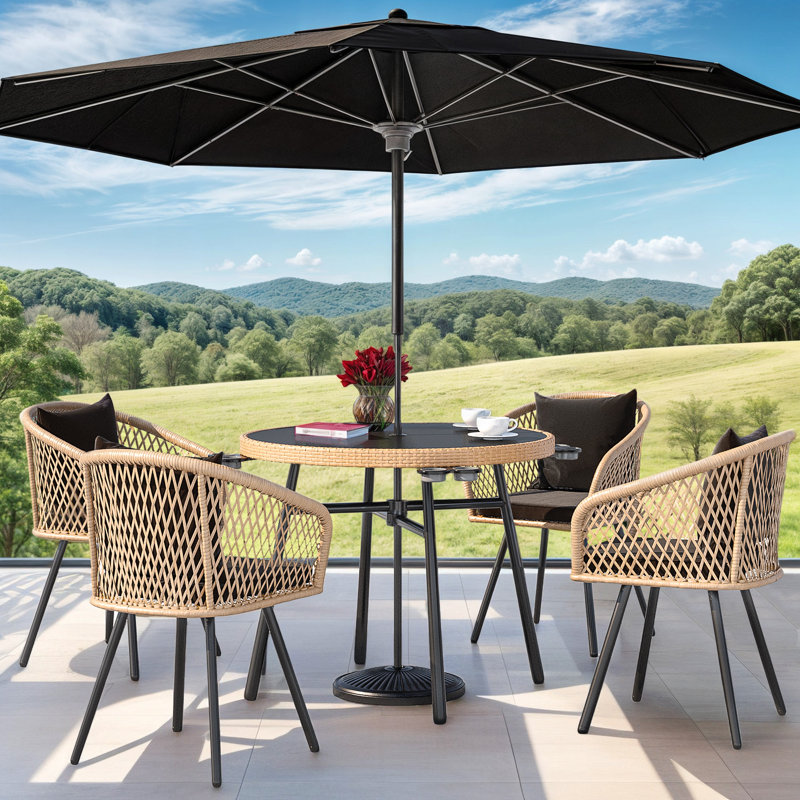 Bay Isle Home™ 5PCS Outdoor Patio Rattan Dinner Set All Weather Wicker Bistro Set With Glass Table