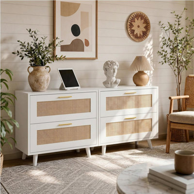 Boho Rattan Nightstand Set of 2 with Drawers, Bedside Table