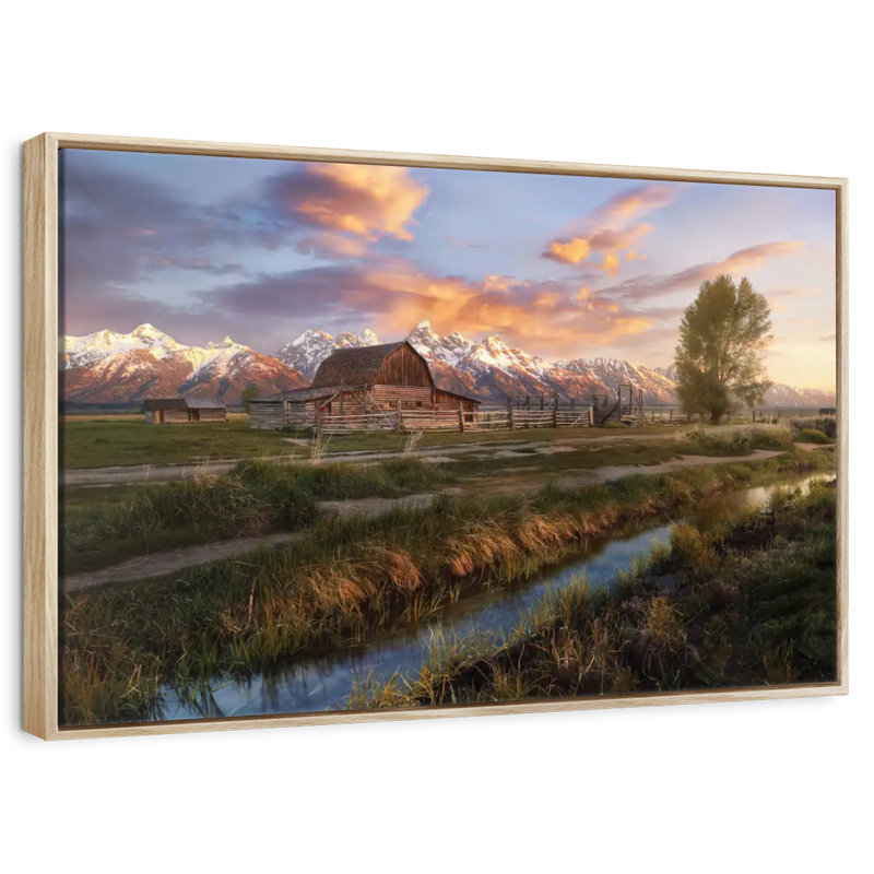 Scène de grange Moulton, 25 po x 17 po, Cadre flottant en bois naturel
