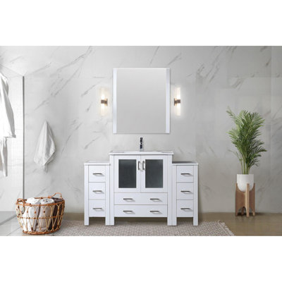 White Bath Vanity 54 In. W With Side Cabinets, Faucet, Ceramic Surface, And 28 Mirror - Long Lasting Stain Resistance X 18.25 D Single Hole Top, Scratch Surface