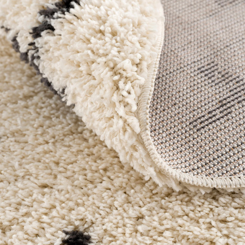 Adeewa Shaggy Performance Beige & Black Tasseled Area Rug, Runner 2'7" x 7'3"