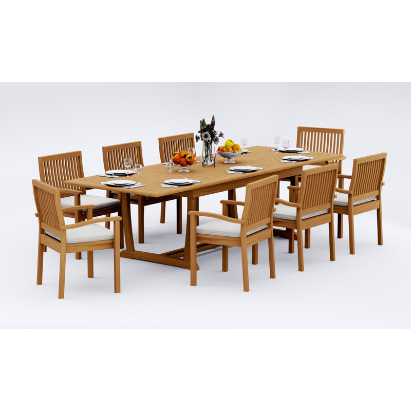 Ensemble de salle à manger 9 pièces en bois de teck de qualité A: table de chevet rectangulaire à double extension de 118 po et 8 chaises empilables Leveb # 11LV2508