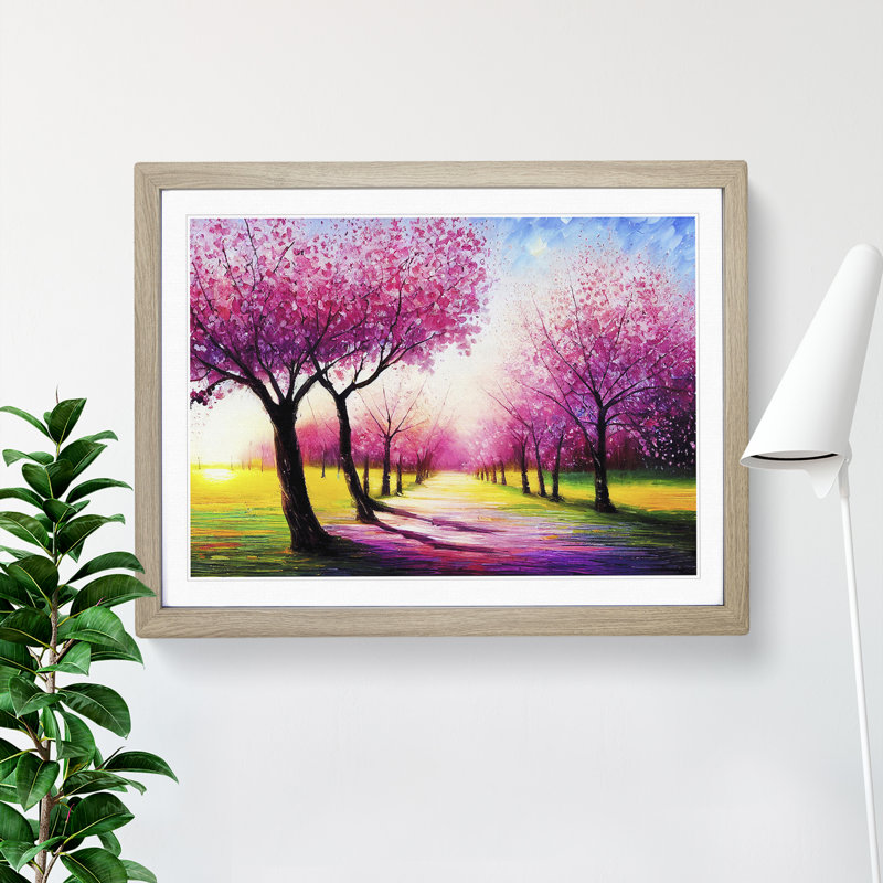Cherry Blossom Tree Park Vol.2 - Single Picture Frame Painting, 46cm H x 64cm W x 2cm D, Oak