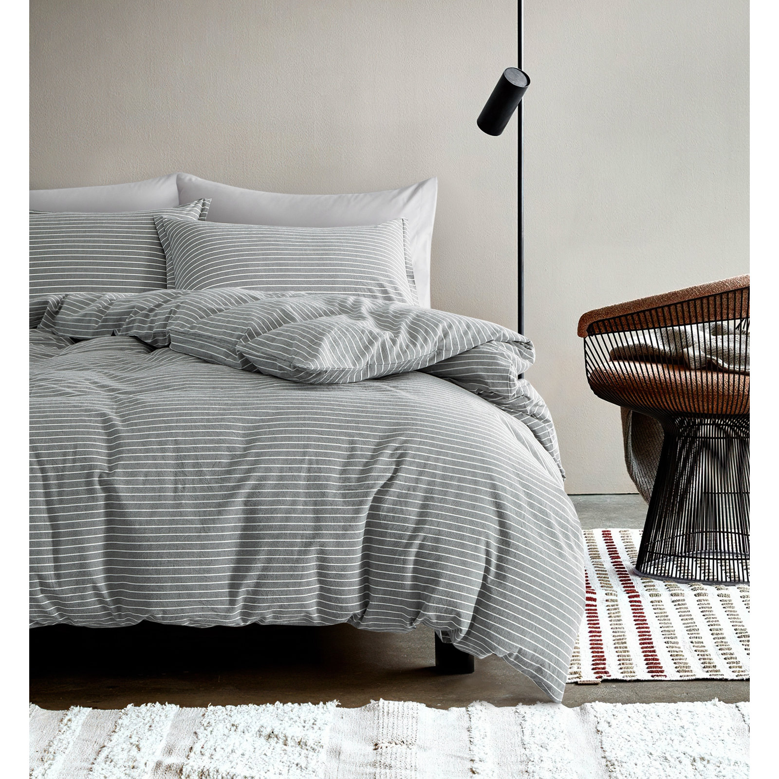 Raba Cotton Duvet Cover Set, Twin Duvet Cover + 2 Queen Pillow Shams, Charcoal/White