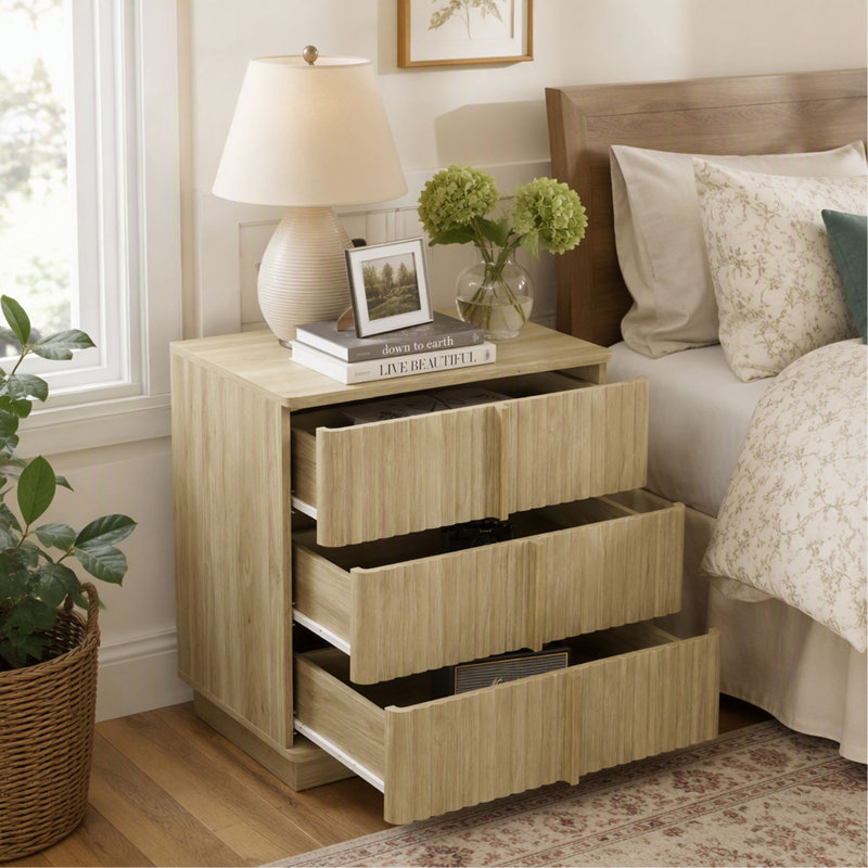 Table de chevet de 64,5 cm (25,39 pouces) avec motif rétro à rayures verticales et 3 tiroirs pour chambre à coucher, Walnut