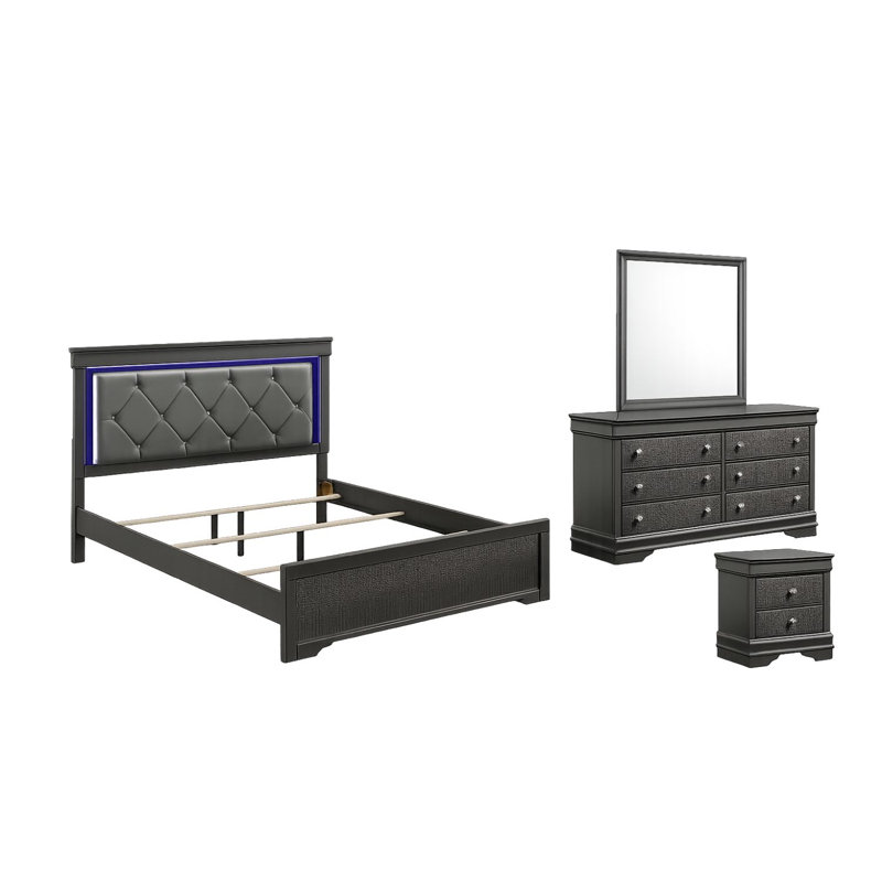 Mylhana Upholstered Standard Bedroom Set, Gray, 4 Pcs: Bed, Dresser, Nightstand, Mirror, Queen