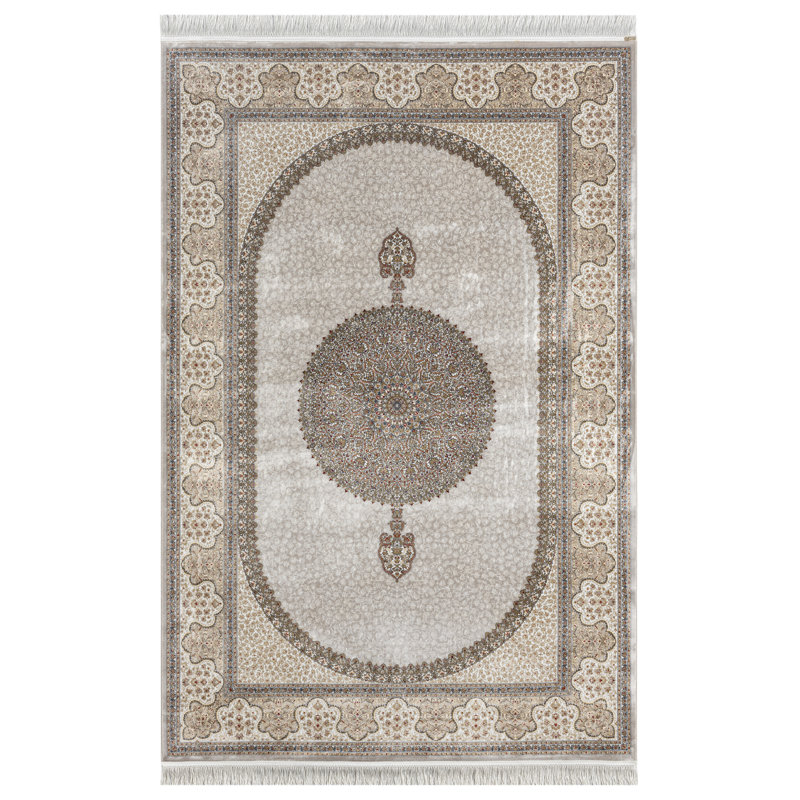 Minyatur L Vizon White Medallion Area Rug – Low-Pile 100% Viscose Woven Carpet, Neutral Traditional Style
