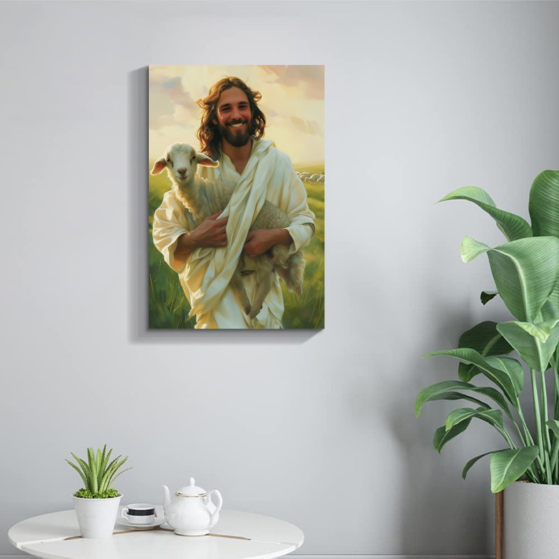 Jésus tenant un agneau, art religieux moderne - décoration murale en toile tendue pour le salon, H 48 po x l 32 po