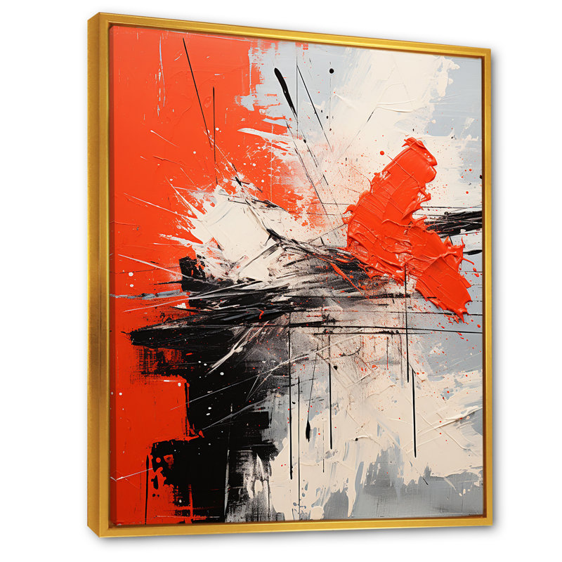 «Red and White Chaos Unleashed I - Abstract Collages», art mural, Cadre flottant doré, H 32 po x l 24 po x P 1 po