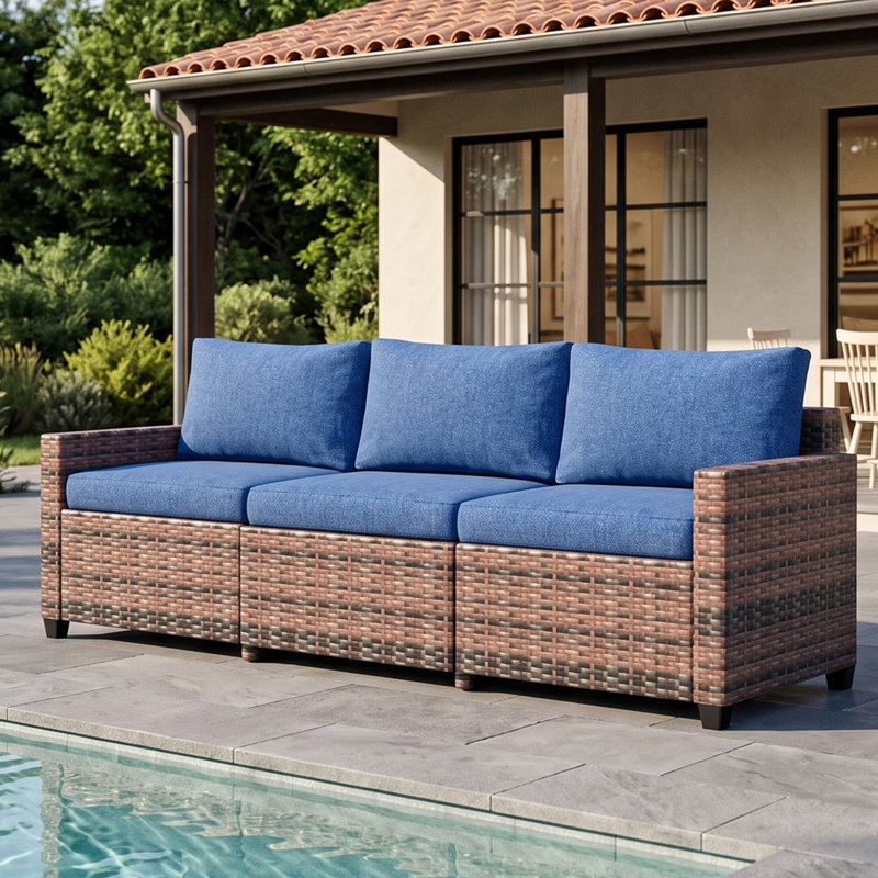 Canapé d'extérieur 3 places, canapé en osier PE avec accoudoirs larges et coussins épais, siège profond à pieds hauts, ensemble de conversation en rotin toutes saisons pour la cour de jardin, bleu