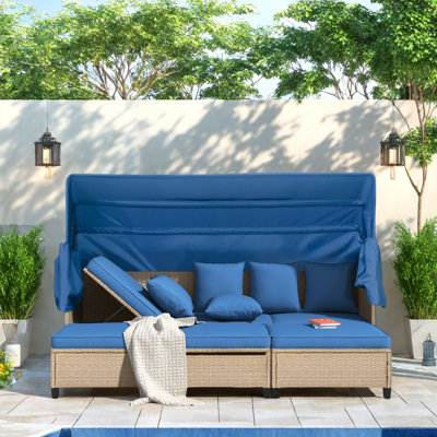 4 Pieces Uv-proof Resin Wicker Patio Sofa Set Included A 4-seat Sofa, 2 Ottomans, A Lifting Table, Retractable Canopy, Cushions And Adjustable Backrest