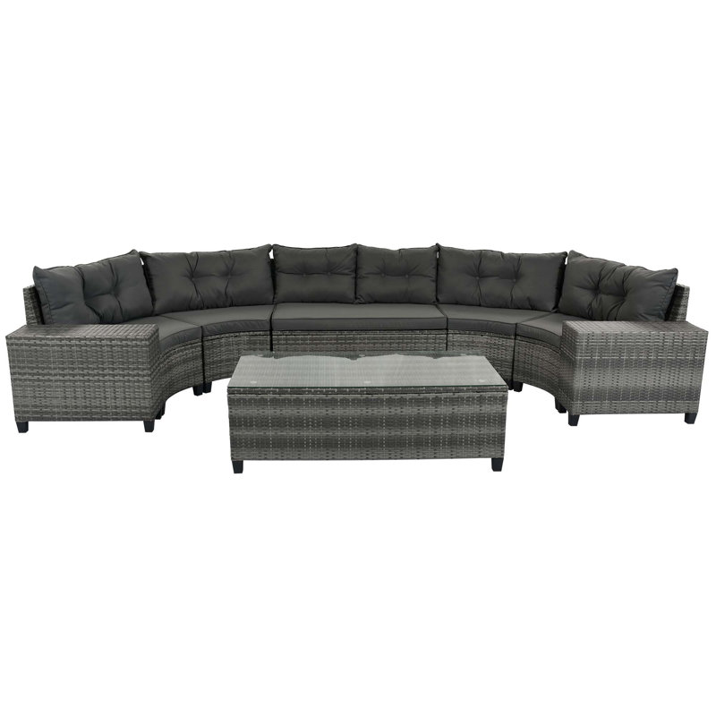 8-Pieces All Weather Wicker Half-Moon Sectional Sets With Rectangular Coffee Table, Gray