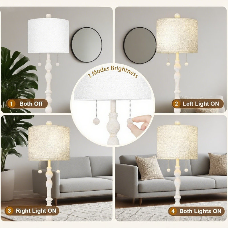 Lampe sur pied 65,5 po avec abat-jour en lin, interrupteur à chaîne à double douille, lampe sur pied en bois véritable pour le salon, la chambre et la décoration intérieure (ampoules incluses)