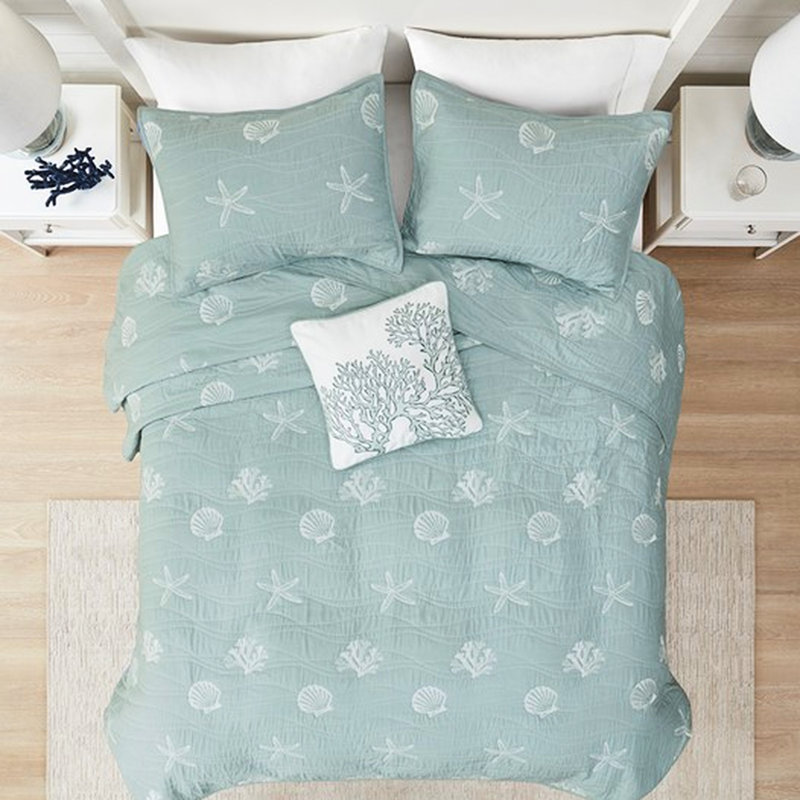 Ensemble de courtepointe en coton 4 pièces Motifs brodés, oreillers, literie de chambre à coucher avec fond. Étoile de mer, prélavée