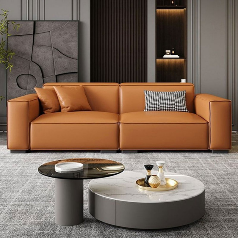Causeuse coussin orange en cuir véritable