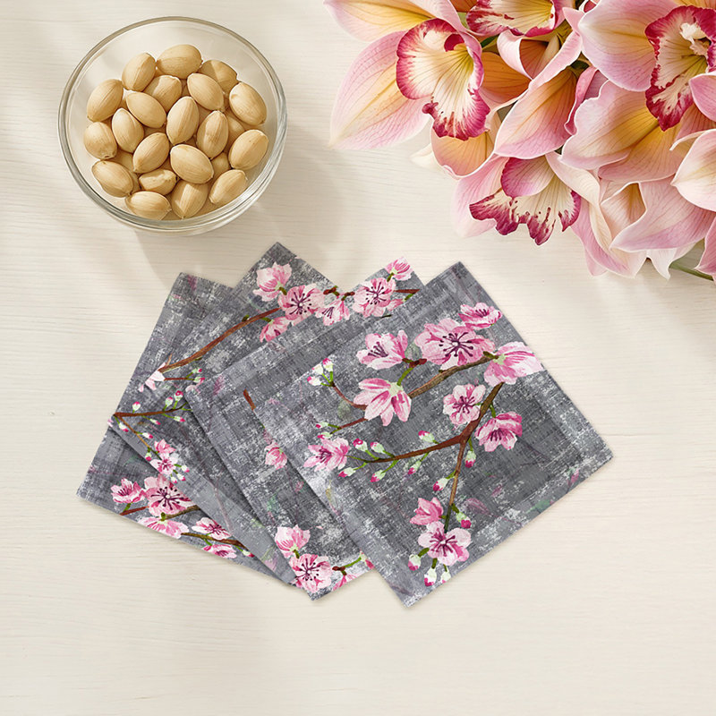 Blossom Fantasia Cotton Sateen Cocktail Napkins, Charcoal