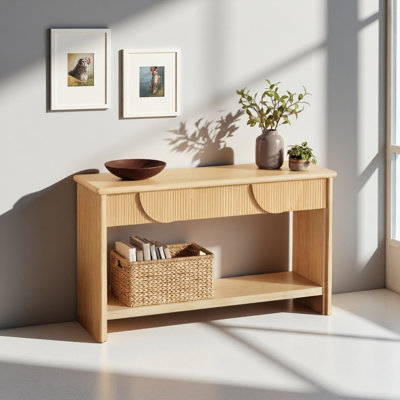 55" Fluted Console Table, Semi‑Circular Drawers with Vertical Strip Decor, Solid Wood Tabletop, Soft‑Closing, Bottom Display Shelf, Multi‑Use Entryway