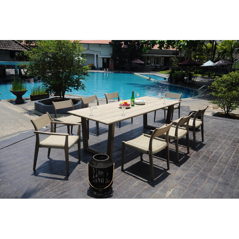 7 Pcs Grade-A Weathered Teak Wood Dining Set: 98" Sema Rectangle Table  And 6 Amilo Stacking Chairs (2 Arm & 4 Armless Chairs) #11AM3302
