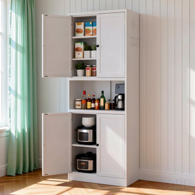Armoire de rangement de 72 po de hauteur en acier blanc avec grand comptoir, tablettes et crochets réglables, armoire robuste de style moderne