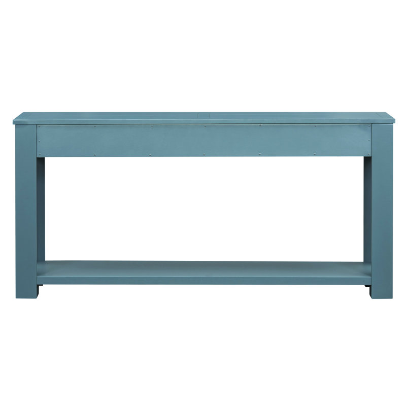 Console élégante en bois massif, fini bleu foncé, idéale pour une entrée. Elle offre des options de rangement.