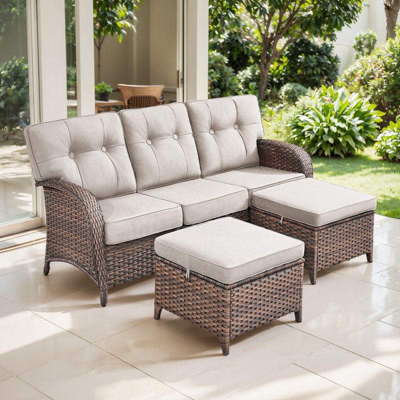 Ensemble de canapé en osier toutes saisons avec coussins en T et repose-pieds Agnes, Beige