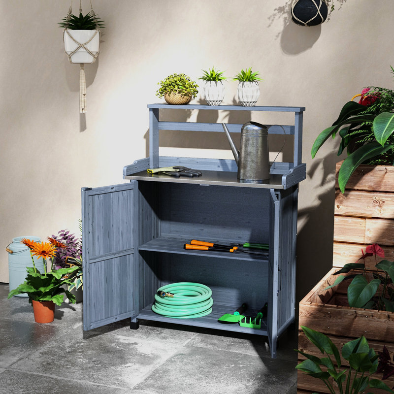 Banc de rempotage gris avec rangement, surface en acier galvanisé, pour plan de travail extérieur, en bois, stable