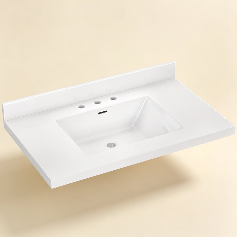 Plan de toilette en surface solide de 76 cm (30 po) de largeur × 56 cm (22 po) de profondeur, avec lavabo central simple intégré, comptoir de salle de bain blanc, dosseret de 9 cm (3,5 po) et 3 trous pré-percés pour robinetterie à entraxe de 20 cm (8 po).